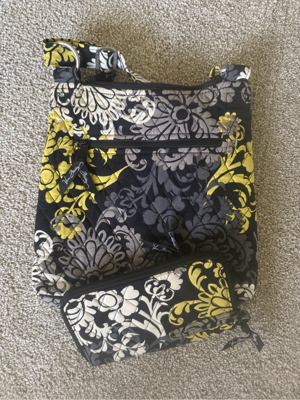 Vera Bradley Black, Yellow & Gray Floral Quilted Crossbody with Wallet